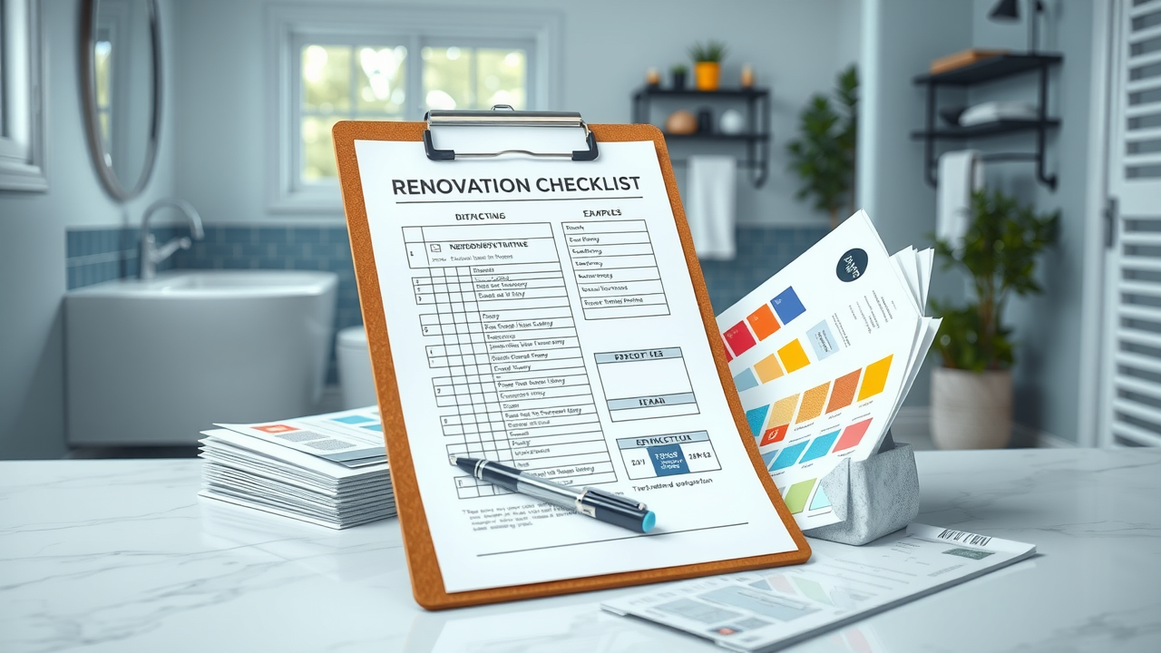 Renovation cost Newcastle checklist on bathroom countertop with plans and colourful samples, LED lighting