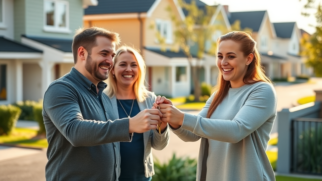 Newcastle conveyancing services - happy new homeowners receiving keys in Newcastle suburb