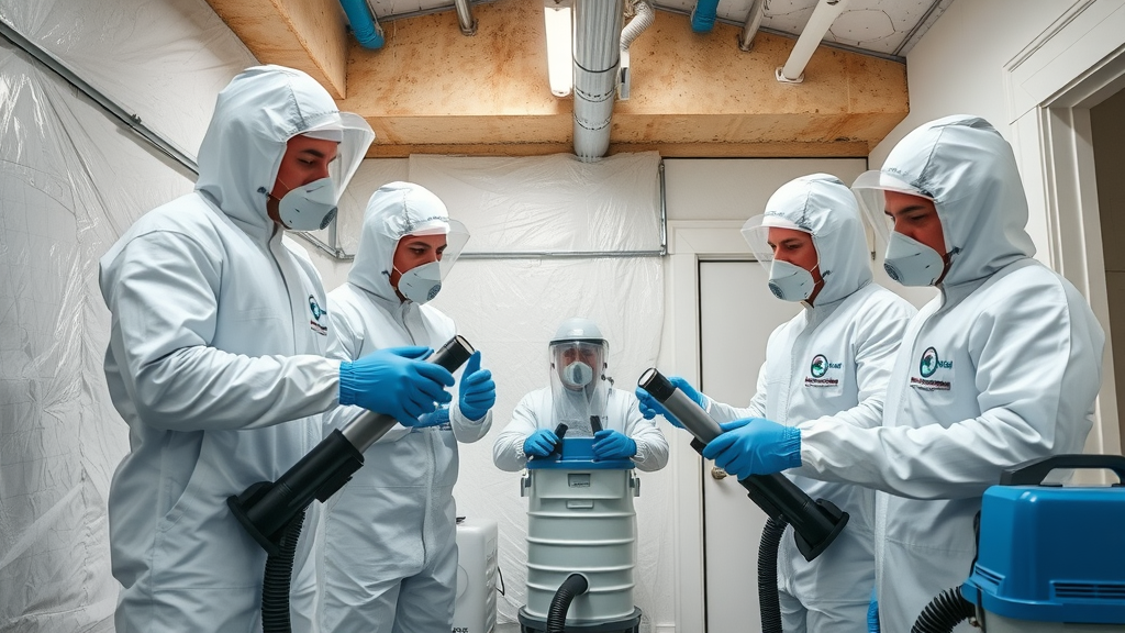 Asbestos removal team in Newcastle using HEPA vacuums on commercial property wall, safe certified process