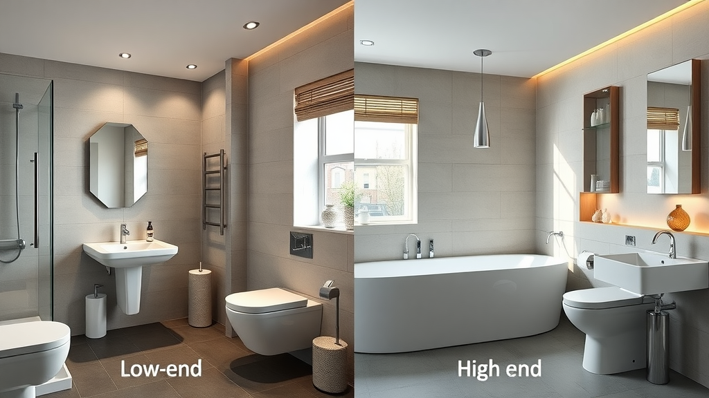 Side by side Newcastle low-end and high-end bathroom renovation cost differences with fixtures and materials, visible price differences
