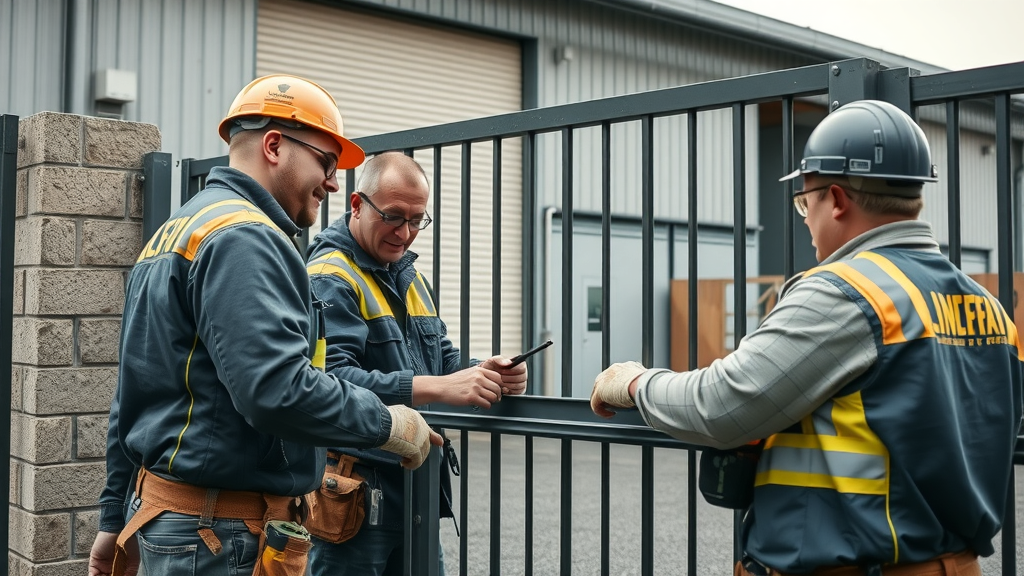 Professional team performing gate installation Newcastle on commercial site