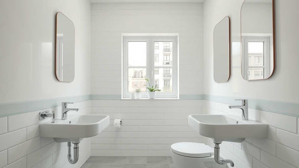 Bright and airy small bathroom with minimalist fixtures and horizontal tile layout maximizing space for bathroom remodeling