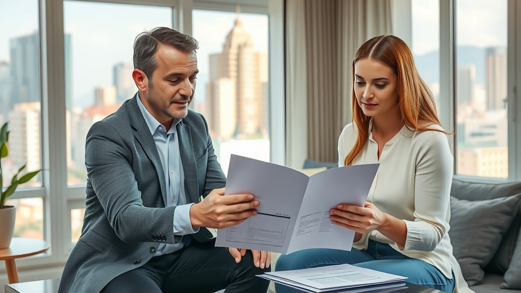 selling property newcastle faq: real estate agent consulting homeowner with detailed property report in Newcastle living room