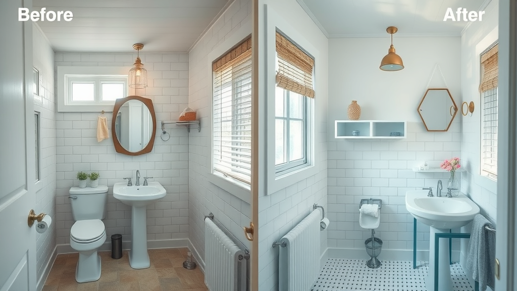 Transformed small bathroom with before-and-after comparison showcasing brighter space, improved fixtures, and décor