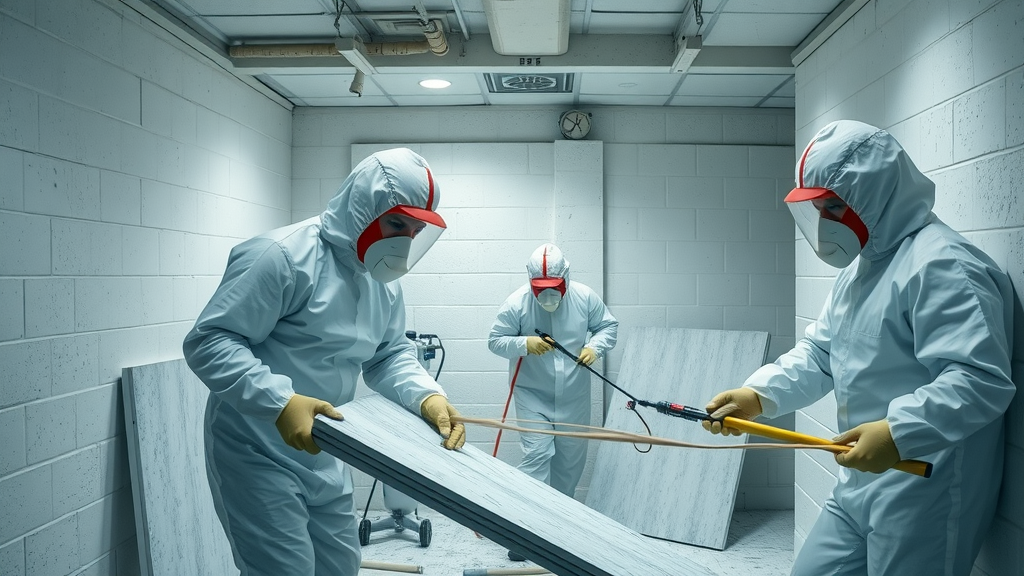 asbestos removal crew using safe asbestos removal procedures and protective equipment