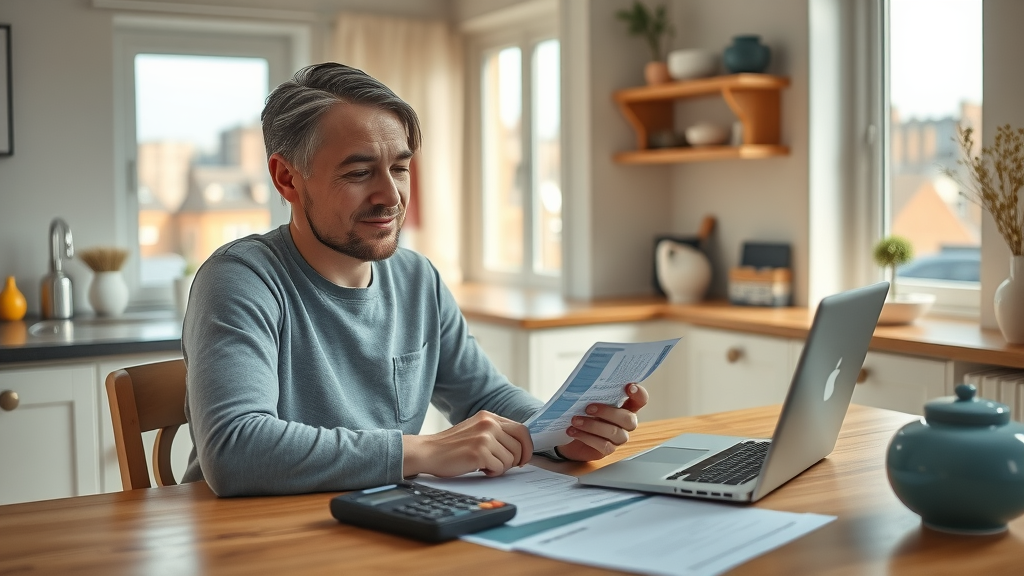 calm homebuyer calculating residential conveyancing costs in Newcastle Upon Tyne kitchen