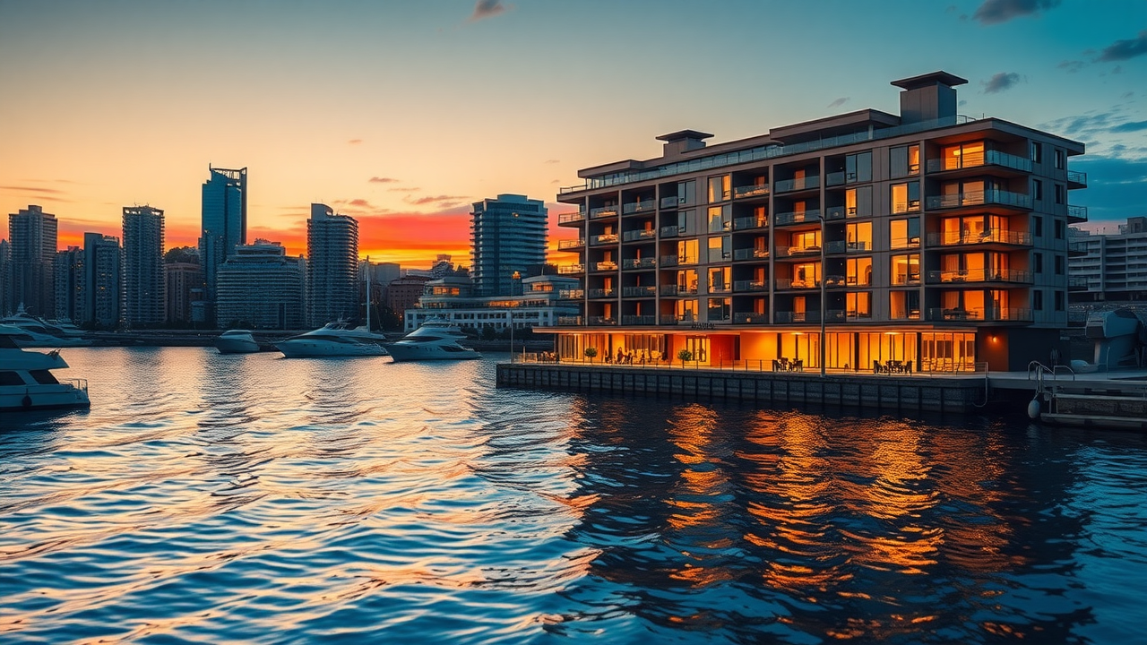 Newcastle property guide harbor-front apartment complex showing vibrant urban skyline at sunset