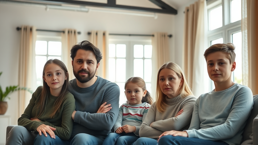 somber family discussing safe asbestos removal procedures in a modern home