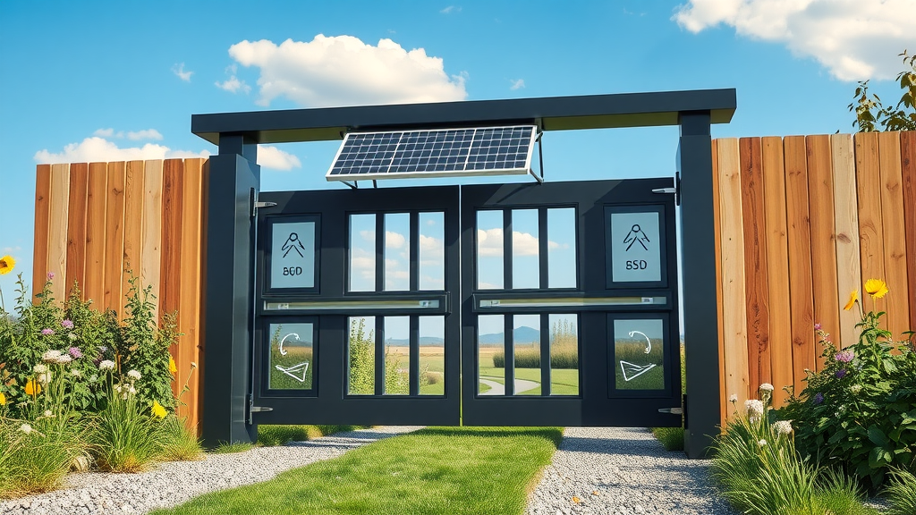 Contemporary solar-powered automatic gate Newcastle with eco-friendly design and technological features, countryside backdrop