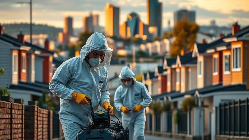 asbestos removal contractors in newcastle, urban setting with landmarks, preparing equipment to remove asbestos safely