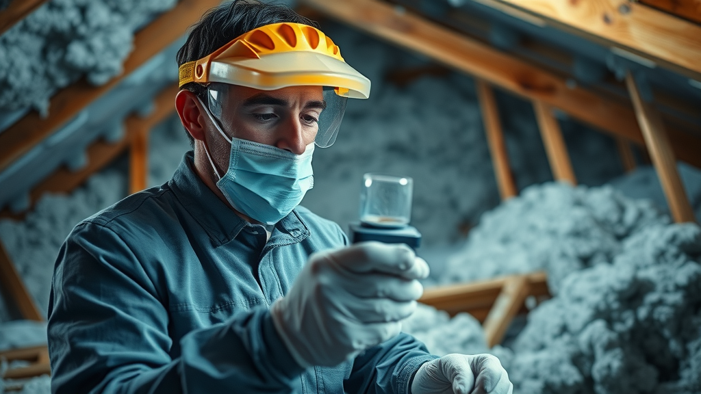 asbestos survey in a Newcastle home attic - professional inspector sampling asbestos containing material