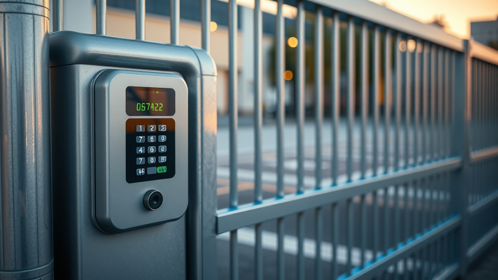 Cutting-edge automatic gate Newcastle with access control keypad and CCTV integration, secure commercial perimeter in photorealistic detail
