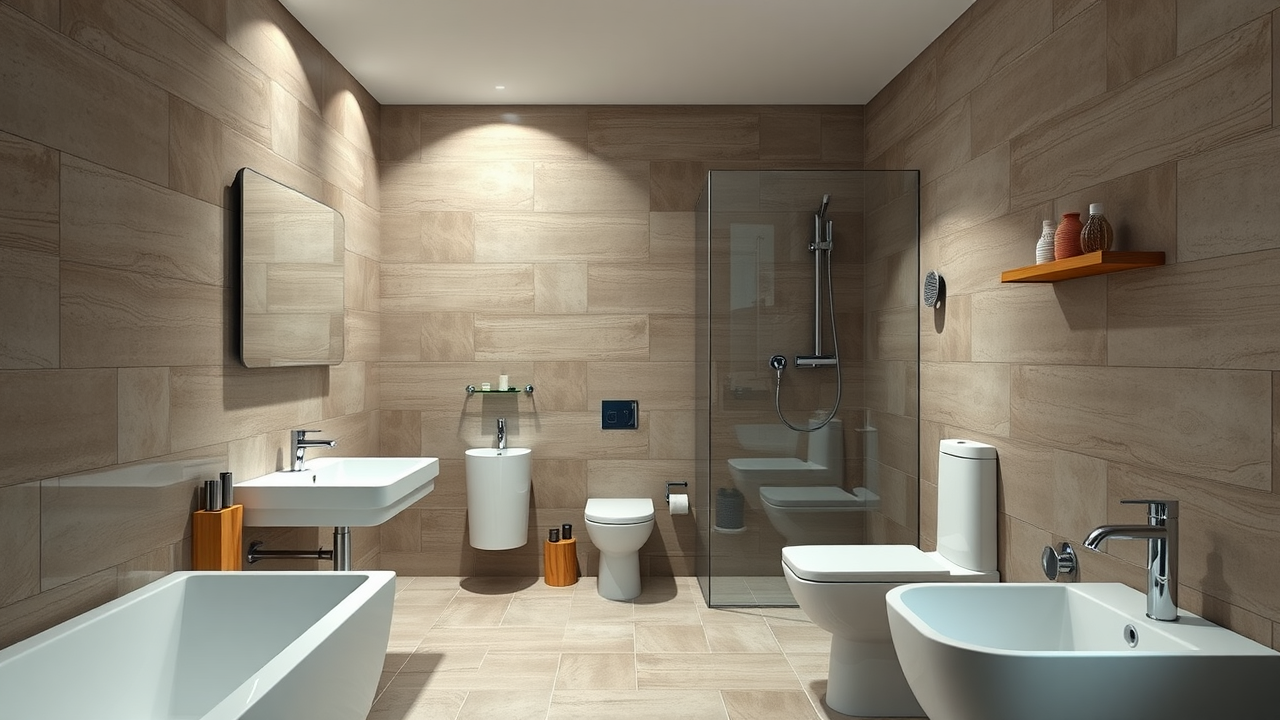 Contemporary Newcastle bathroom renovation cost analysis with cost category icons shown over fixtures, modern and budget contrasts