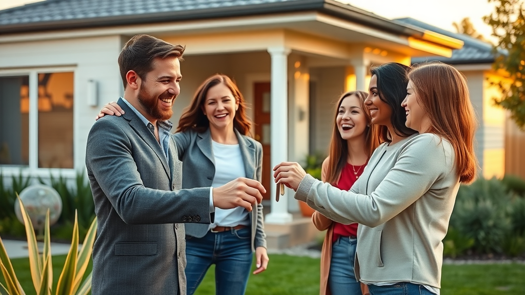 Conveyancer handing keys to smiling family at Newcastle property