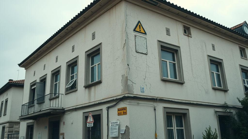 older building exterior showing warning signs that may require asbestos contamination testing; cracked paint and roof tiles