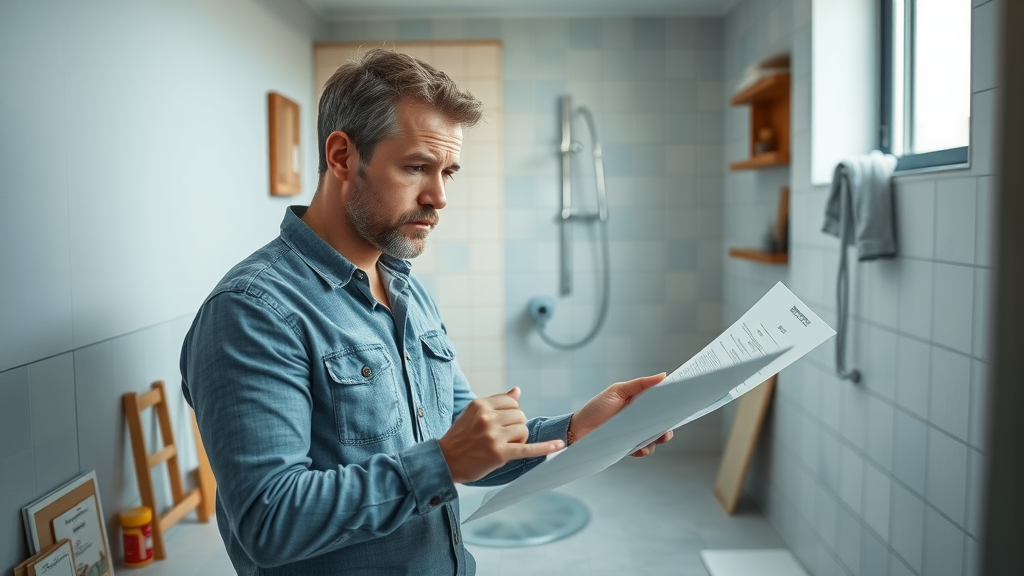 Modern small bathroom layout, person measuring space and analyzing floor plan for optimal remodeling