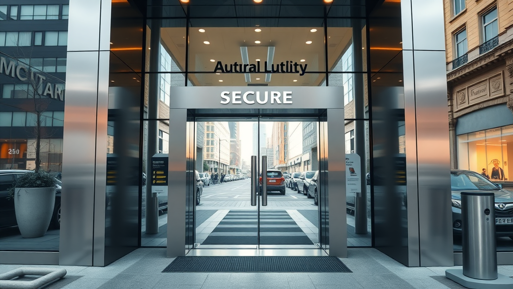 Commercial automatic gates Newcastle at modern business entrance with secure gate, vibrant Newcastle business street in background
