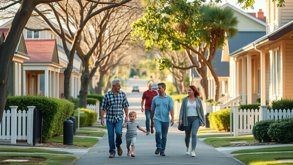 Newcastle property guide suburb street scene with families and couples strolling in a friendly neighborhood