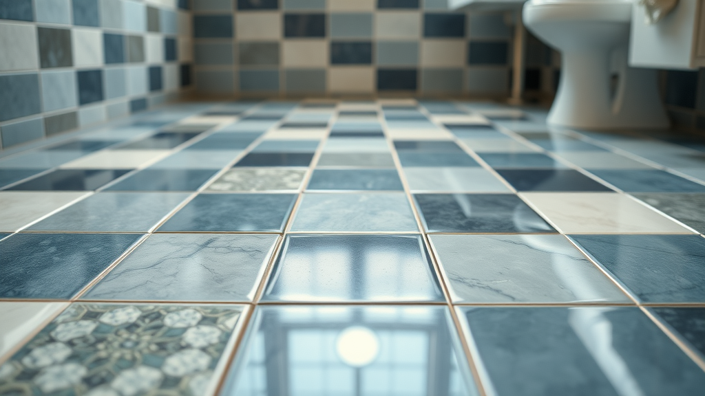 Stylish bathroom floor with various tile shapes and patterns, ideal for small bathroom remodel
