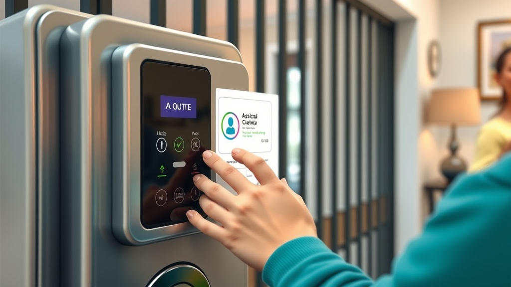 Close-up of automatic gate Newcastle control panel, user requesting quote in stylized Newcastle home environment