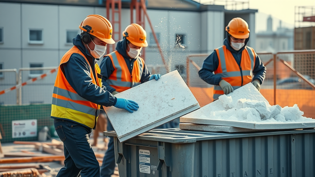 Expert asbestos removal team, coordinated and careful, removing asbestos panels and placing into sealed containers, photorealistic high fidelity lifelike, construction site background with clear safety measures and barriers, highly detailed, particles in the air and team movement, safety orange and navy blue colors, crisp morning light, shot with a Sony 35mm lens.