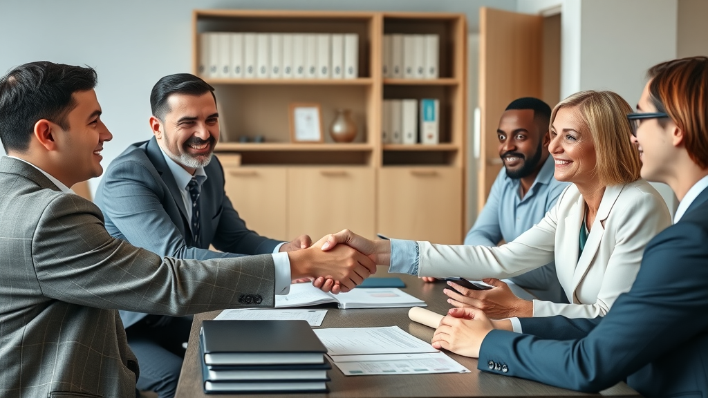 Licensed conveyancer Newcastle - experienced multi-ethnic conveyancing team with clients consulting around table
