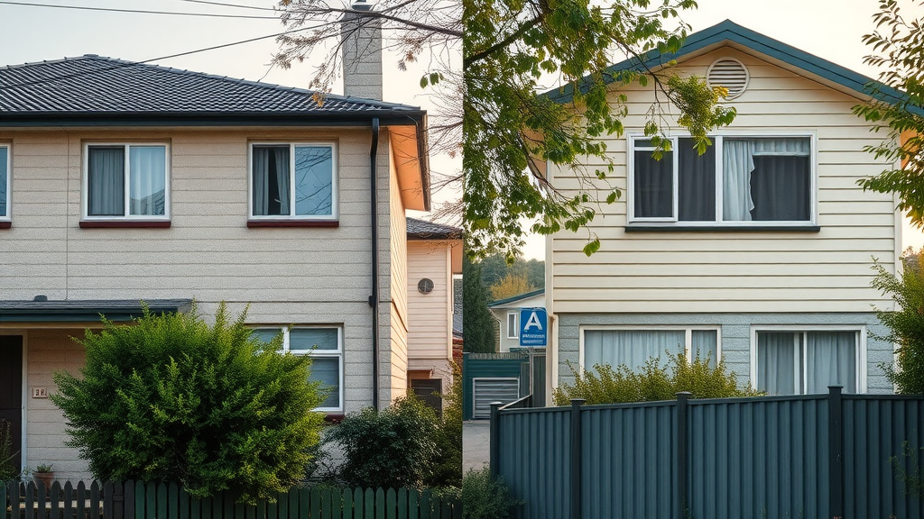 Two contrasting residential properties, one visibly well maintained and sealed, another with warning signs and deteriorating panels, comparative focus, photorealistic high fidelity lifelike, Newcastle suburb street showing trees and fences, highly detailed, subtle wind effect on foliage and curtains, natural outdoor colors, soft afternoon lighting, shot with a Fujifilm 35mm lens.
