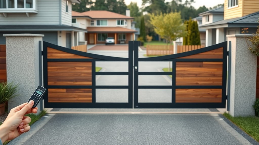 Remote control gates Newcastle modern driveway automatic gate opener. Photorealistic suburban Newcastle, sleek steel and wood design, daylight.