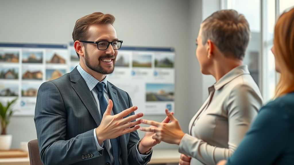 Newcastle property guide real estate agent negotiating with clients in professional office setting