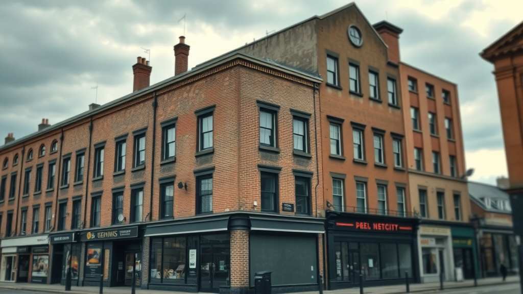 Somber old commercial building Newcastle, exterior, highlighting hazardous material risk with cloudy skies - commercial asbestos removal newcastle