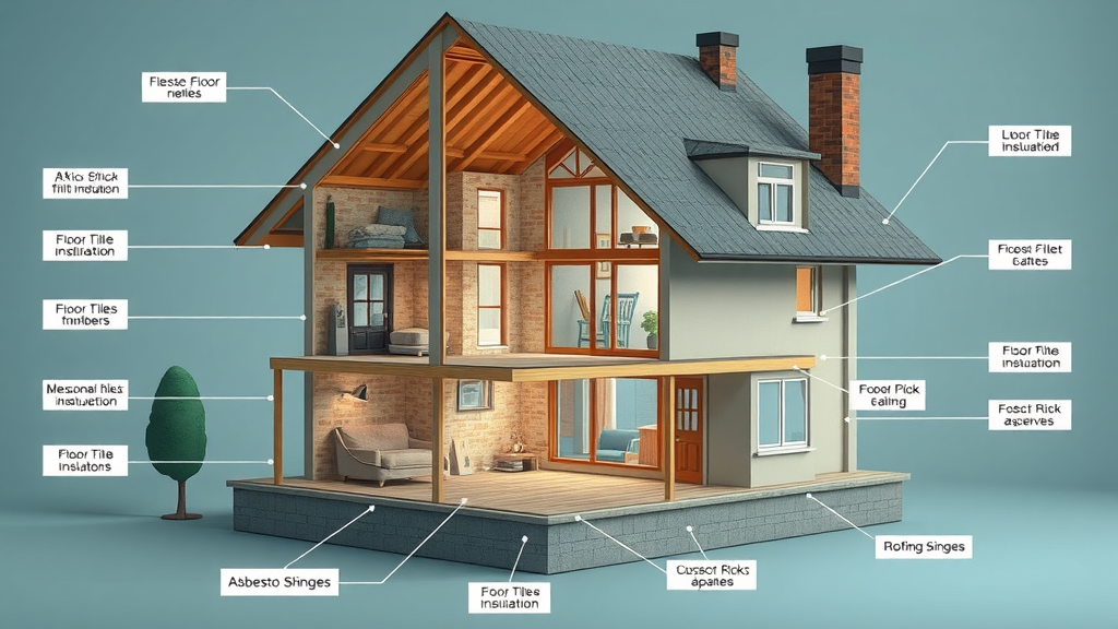 cross-section of home showing common asbestos risks in insulation, tiles, and roofing