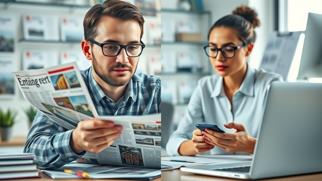selling property newcastle faq: split screen of traditional real estate flyers and digital social media marketing tactics