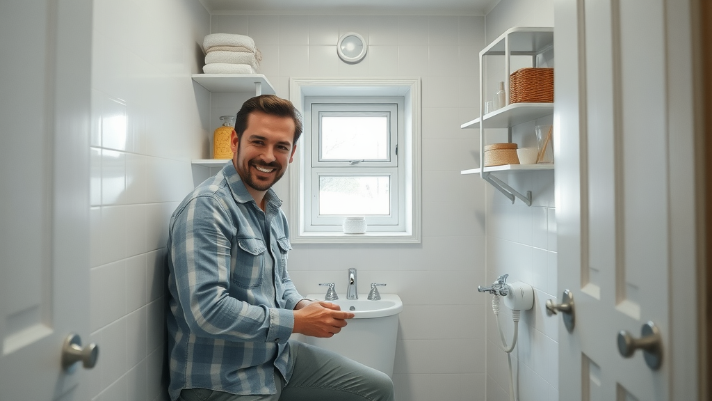 Compact Newcastle bathroom renovation cost solution with space-saving fixtures, smiling renovator in modern setting