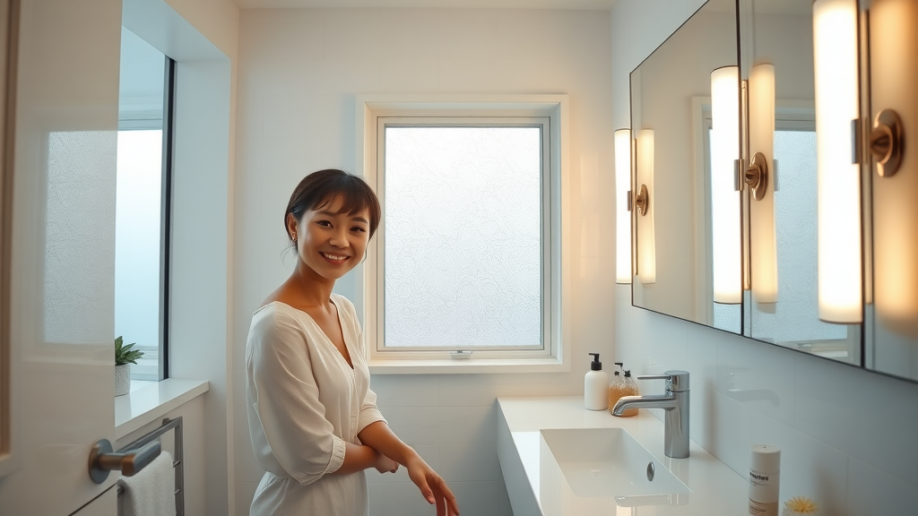 Elegant small bathroom with bright vanity lighting and large wall mirror to enhance visual space