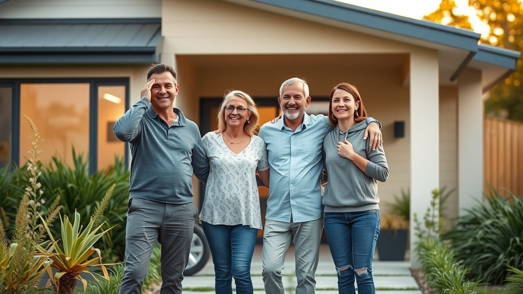 Happy Australian family outside modern home after asbestos inspection, safe environment, inspection truck in driveway