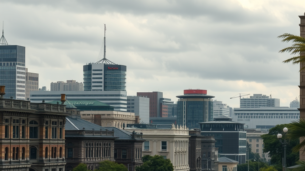Moody cityscape of Newcastle, Australia, with historic and modern buildings, highlighting specific pre-1990 structures, subtle warning signage, photorealistic high fidelity lifelike, overcast urban setting with visible environmental haziness, highly detailed, soft wind-blown elements such as trees or flags, neutral color palette, diffused daylight, shot with a Canon 24mm wide-angle lens.