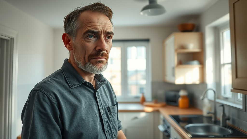 Worried Newcastle homeowner examines old kitchen ceiling, considering asbestos testing newcastle procedure