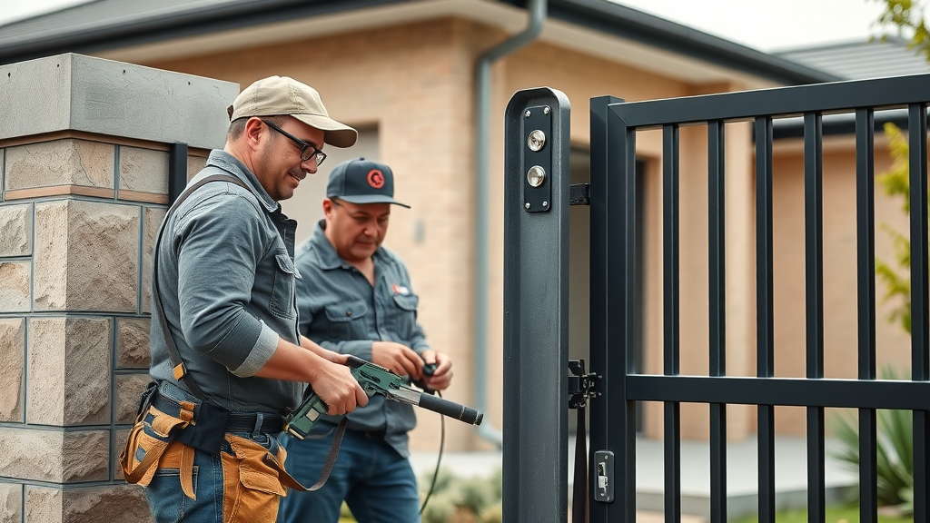Professional gate installation team setting up an automatic gate Newcastle with tools and precision on a modern home