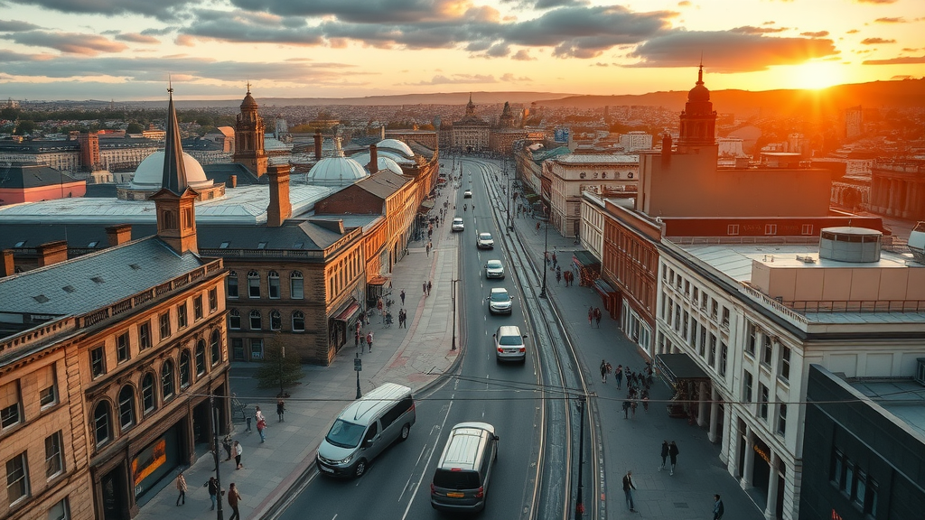 Selling property Newcastle FAQ: dynamic Newcastle cityscape at sunset with bustling streets and a photorealistic urban overview