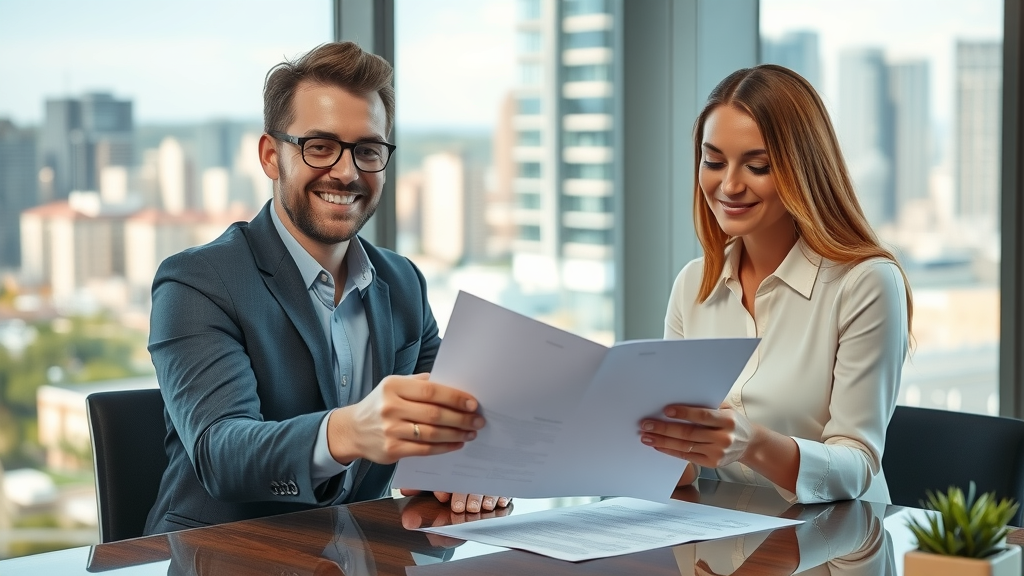 Conveyancing services Newcastle - professional real estate advisor consulting with homebuyers in modern Newcastle office