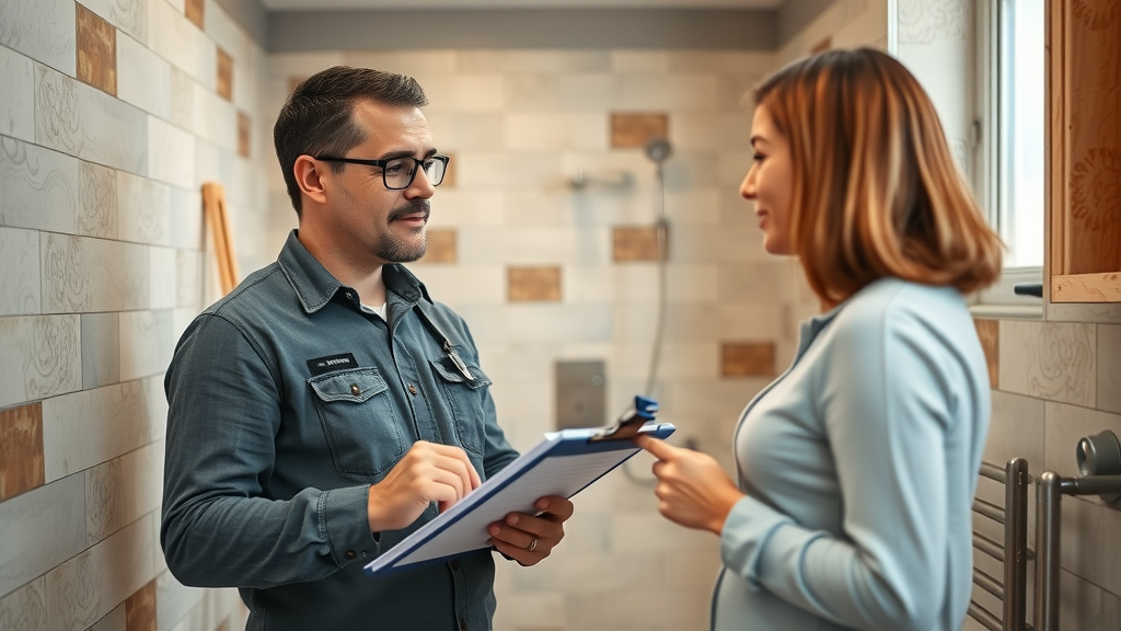 Professional Newcastle bathroom renovation cost specialist discusses renovation progress with client, checklist and exposed walls visible
