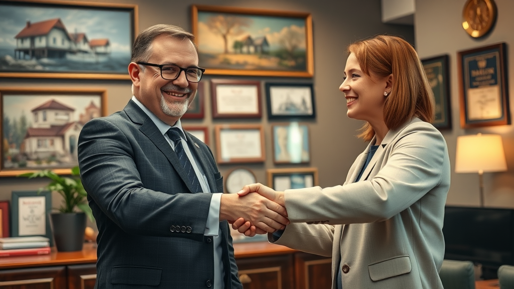 trustworthy property solicitor shaking hands with a satisfied client in Newcastle law office