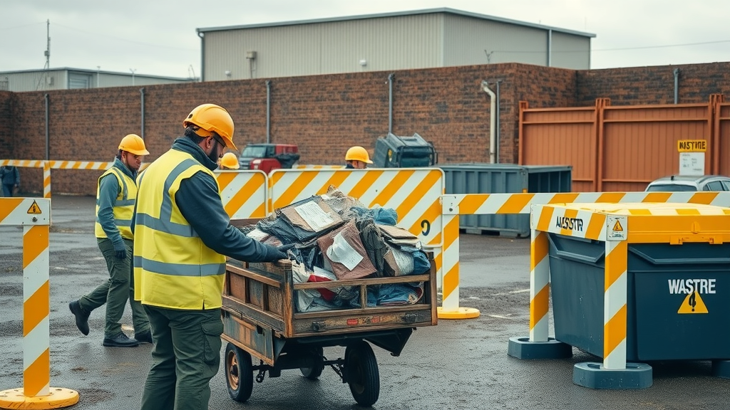 Workers in PPE transporting asbestos waste inside Newcastle landfill, designated hazardous waste zone, legal disposal procedures.