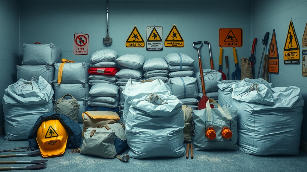 arranged safety gear and asbestos removal tools with disposal bags, highlighting breakdown of removal costs