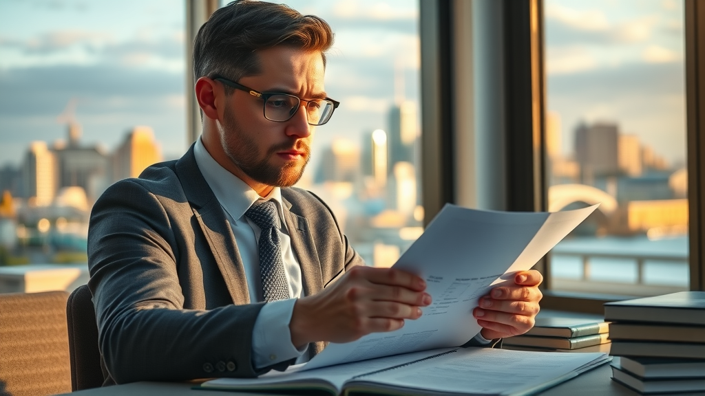 Professional Conveyancer Newcastle focused on property documents, Newcastle skyline in background