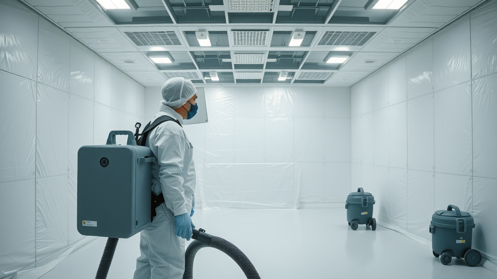 worker performing HEPA filter cleaning after asbestos removal procedures