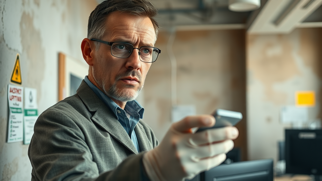 asbestos risk assessment nsw building inspector examining wall surfaces in office setting
