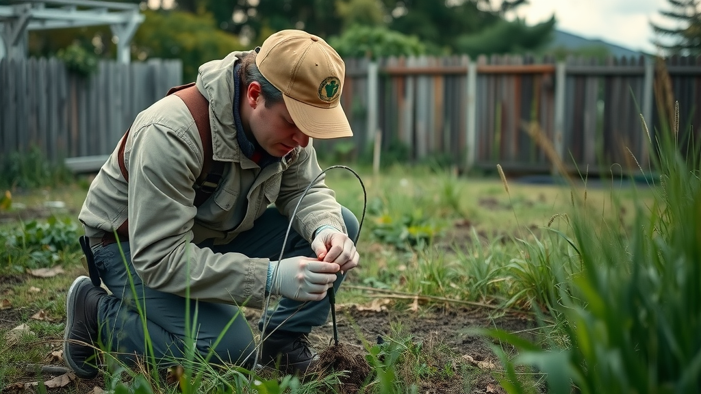 Scientist performing asbestos in soils testing in overgrown Newcastle backyard with field equipment