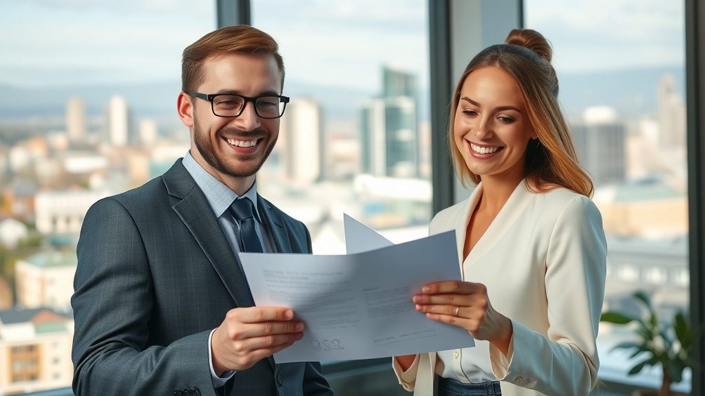 Happy couple and conveyancer reviewing property documents in Newcastle office