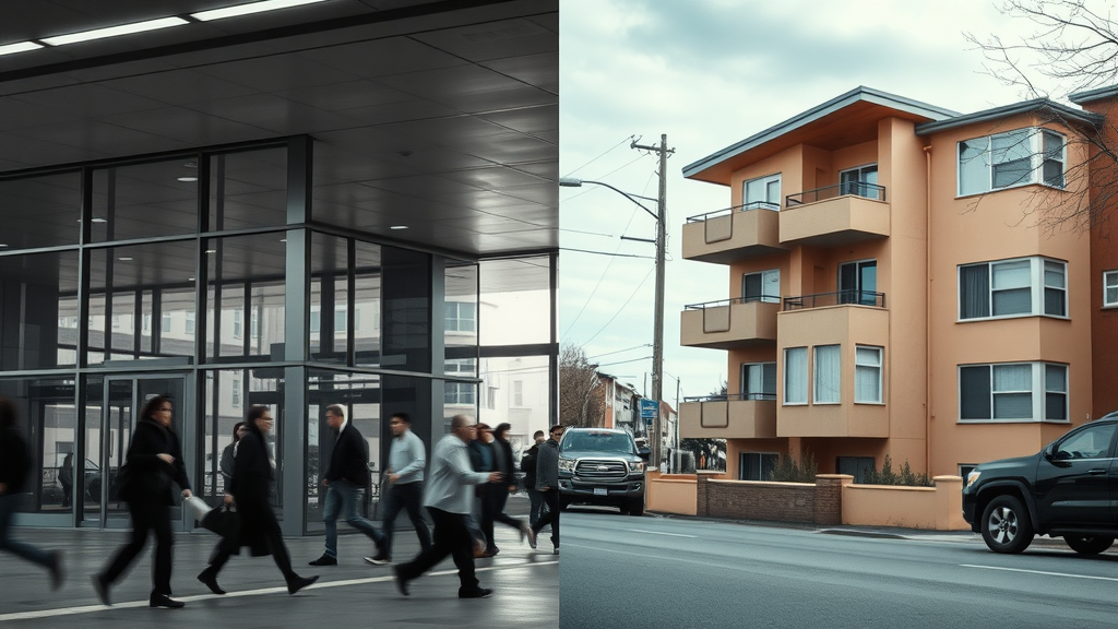 Split commercial lobby and residential street, showcasing differences in asbestos removal requirements in Newcastle
